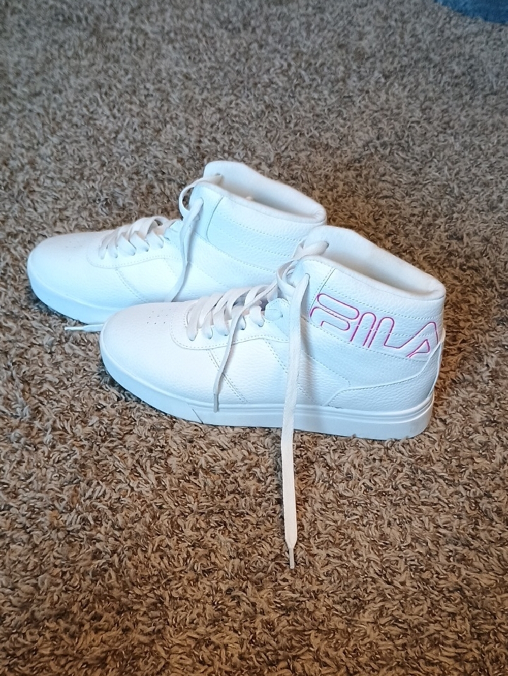 FILA White Mid-Top Sneakers with Pink Script Logo